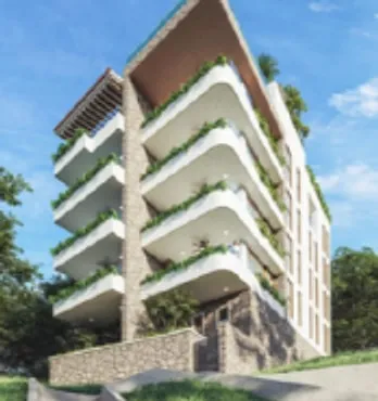 Torre con terrazas curvas y vegetación